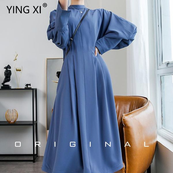 

casual dresses ying xi 2021 spring and summer solid blue stand-up collar high waist dress women long lantern sleeve mid calf zipper, Black;gray