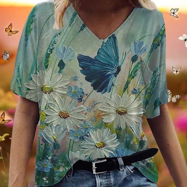 

women's t-shirt harajuku t-shirts women vintage butterfly printing plus size v-neck short sleeve summer mujer camisetas, White