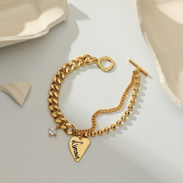 

link, chain 8mm gold plated cuban round bead thick bracelet square zircon charm letter carved heart women gift, Black