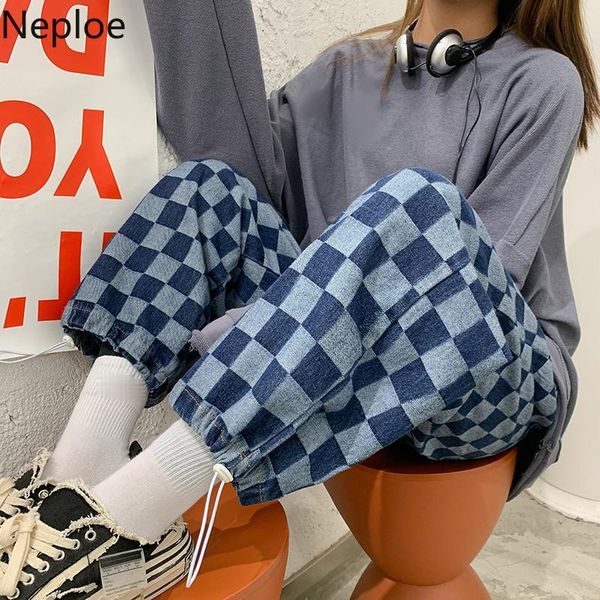 

women's jeans neploe women high waist loose straight plaid wide-leg pants 2021 spring korean fashion plus size slim fit denim trousers, Blue