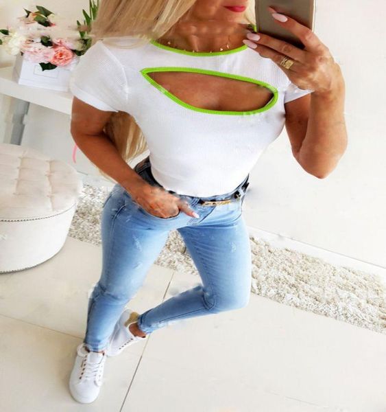 

autumn round neck elastic hollow out short sleeve women t shirts basic tees streetwear slim fit cropped t shirt ladies, White