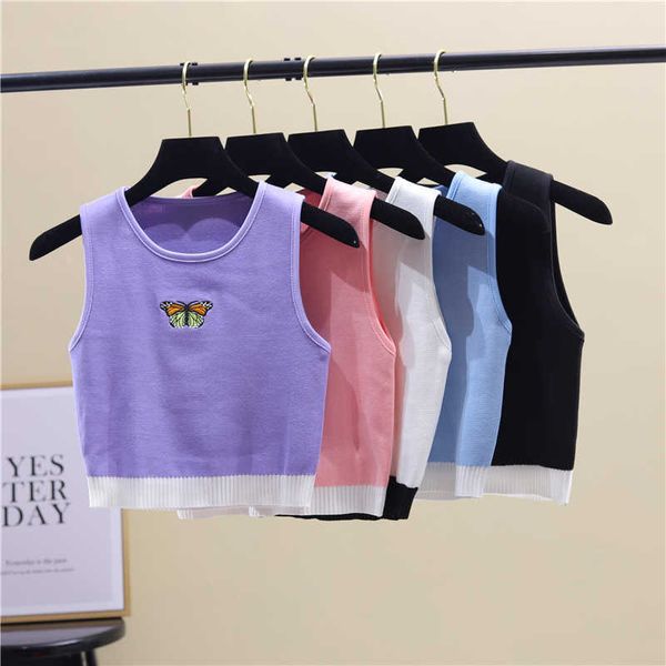 

slim summer women tank casual o-neck sleeveless butterfly embroidery patchwork female camis w145 210526, White