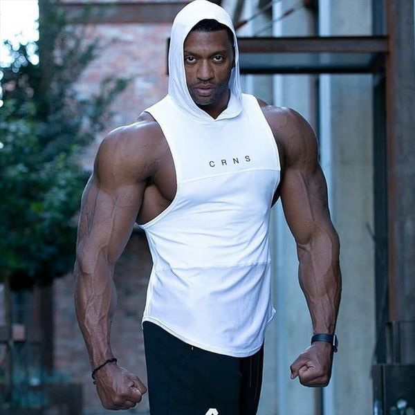 

bodybuilding tank men gym fitness workout sleeveless hoodie cotton stringer singlet clothes male summer casual hooded vest, White;black