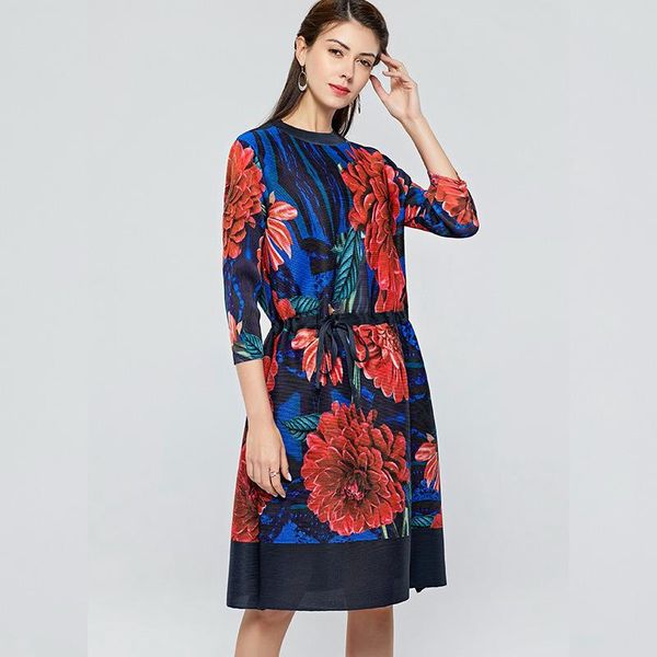 

casual dresses vintage floral print drawstring high waist knee length dress women three quarters sleeve o-neck loose miyak pleated, Black;gray