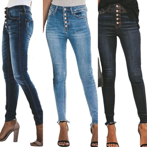 

women's jeans women high waist stretch denim button skinny slim casual pencil pants ladies trousers, Blue