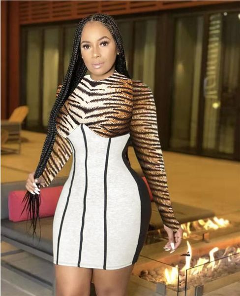 

casual dresses bodycon dress for women leopard printed patchwork slim long sleeve hip high street spring arrival female clothes, Black;gray
