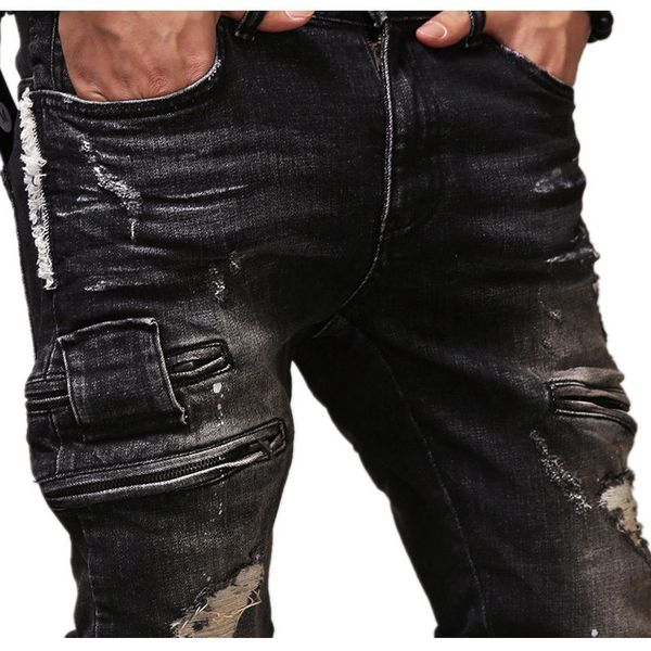 

men ripped hip-hop fashion swag biker skinny jeans hole cotton black brand kanye west style motorcycle denim cargo m9uo, Blue