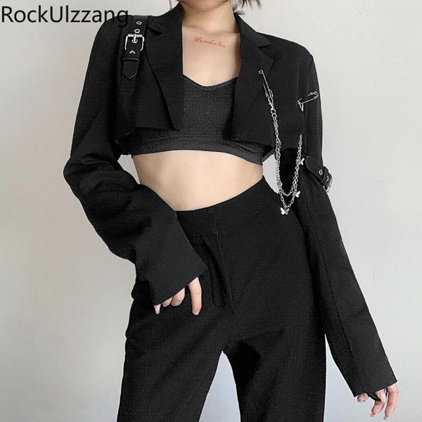

ribbon belt long sleeve lapel v-neck short outfit chain punk gothic harajuku streetwear crop shirt blouse women slim, White