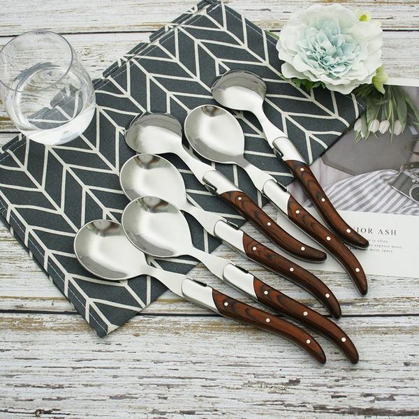

spoons laguiole dinner spoon large tablespoon wood handle soup rice serve stainless steel wooden cutlery 22cm 8.7inch 2/4/6pcs
