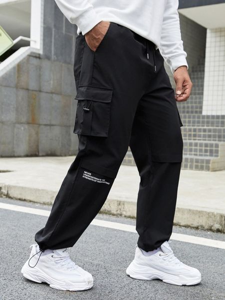 

extended sizes men slogan graphic cargo pants g3nm#, Black
