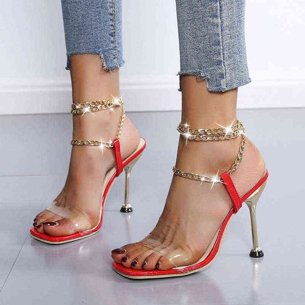 

summer large women's shoes metal chain thin high heels women's sandals, Black