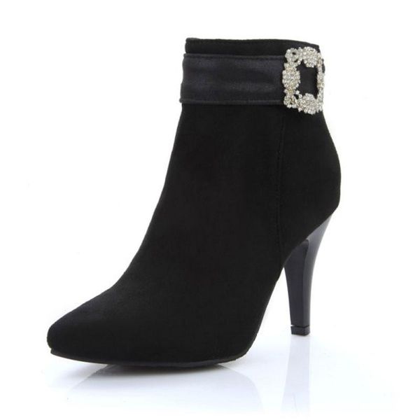 

boots warm plush winter women black ankle big size pointed toe high heels spring autumn shoes woman