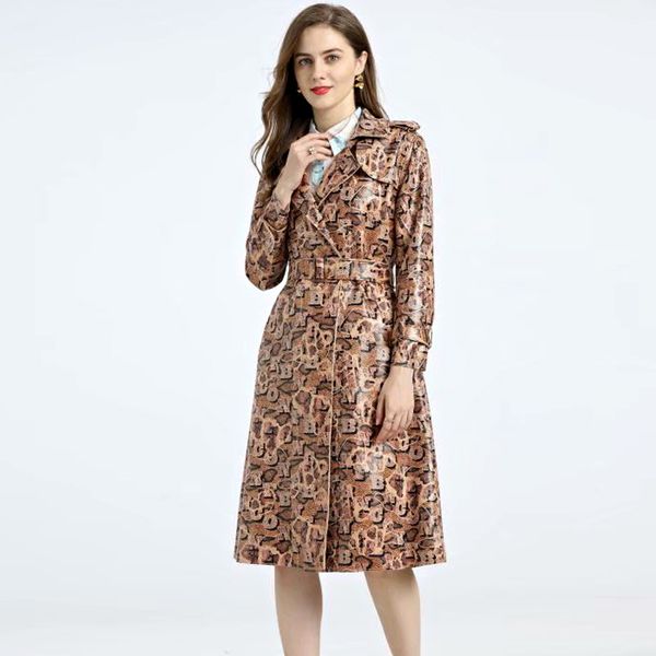 

windbreaker autumn winter new women's fashion pu leather print vintage belt slimming elegant lapel jacket jz3i, Tan;black