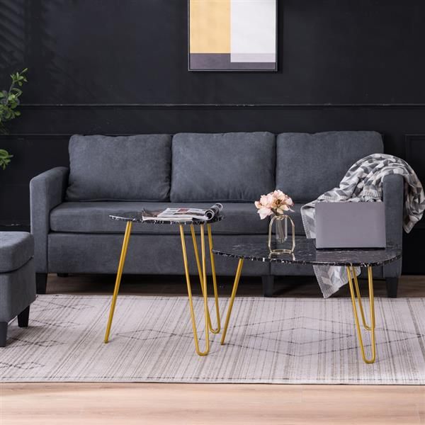 

living room furniture marble iron foot coffee side table set of 2 black