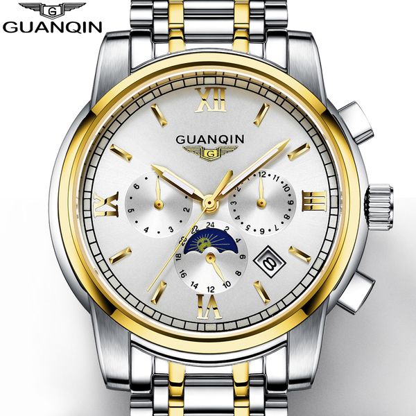 

new gold men's guanqin mens watches brand luxury watch men with moon phase date month week luminous 24 hours display, Slivery;brown