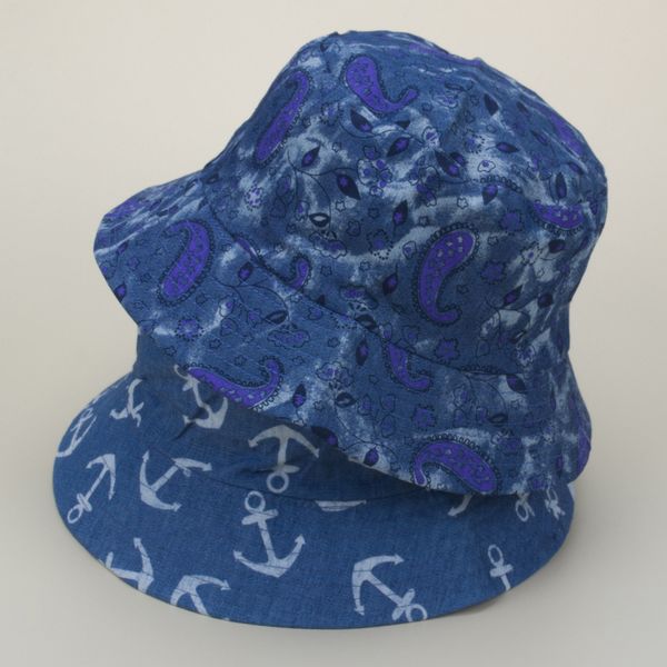 

retro anchor fisherman hat cashew print double-sided ethnic female outdoor sunscreen sunhat, Blue;gray