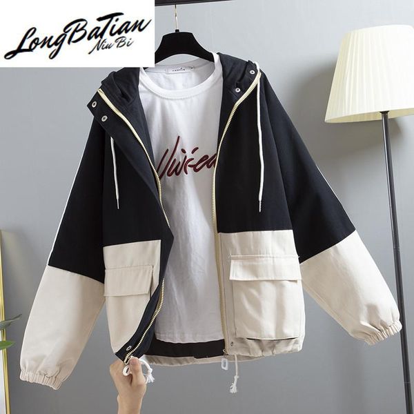 

women's jackets 2021 spring women zipper casual jacket long sleeve hooded ladies coat streetwear vintage patchwork harajuku bomber oute, Black;brown
