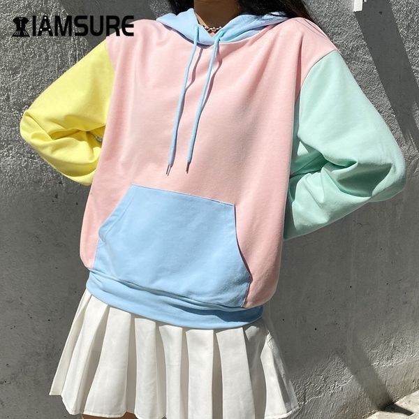 

iamsure autumn winter fashion macaron colorblock oversized hoodie for women kpop streetwear casual loose female sweatshirt lj201130, Black