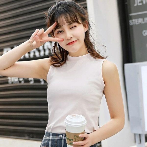 

women's tanks & camis sweet girl tank cotton women sleeveless t shirt turtleneck slim fit summer tees elastic female basic white