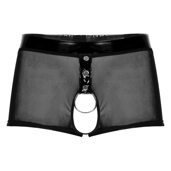 

underpants men patent leather waistband crotchless o ring see-through mesh boxer brief lingerie underwear, Black;white