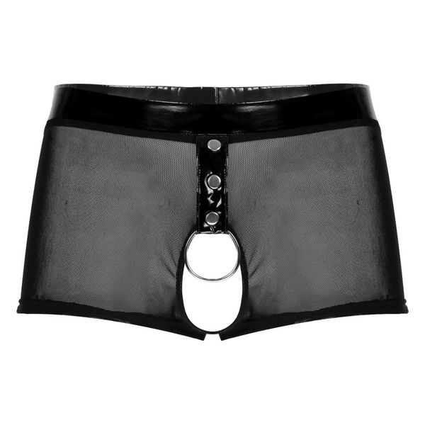 

underpants men patent leather waistband crotchless o ring see-through mesh boxer brief lingerie underwear, Black;white