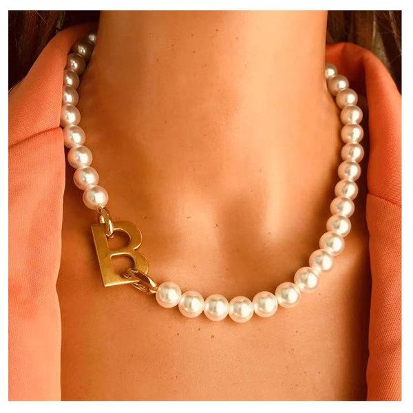 

big pearl chain chokers for women single layer alloy letter pendant collar party jewelry gifts statement collier punk necklace, Golden;silver