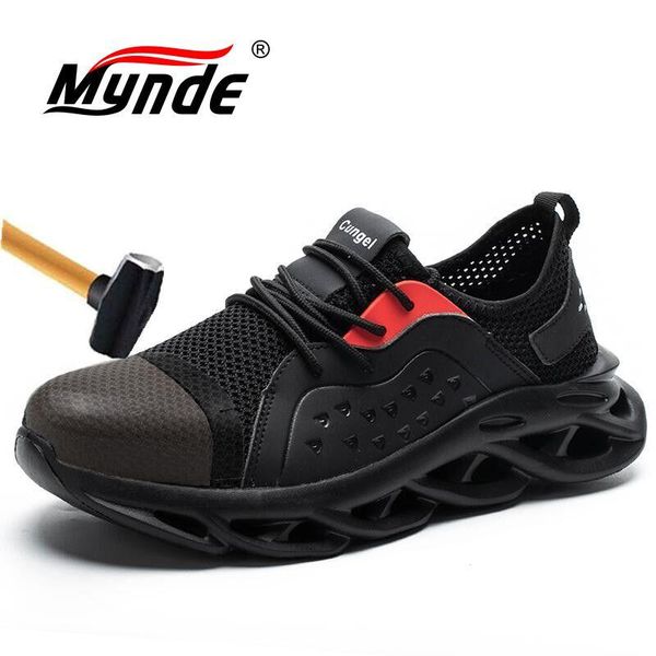 

boots breathable men's safety shoes with steel toe cap casual work indestructible puncture-proof sneakers, Black