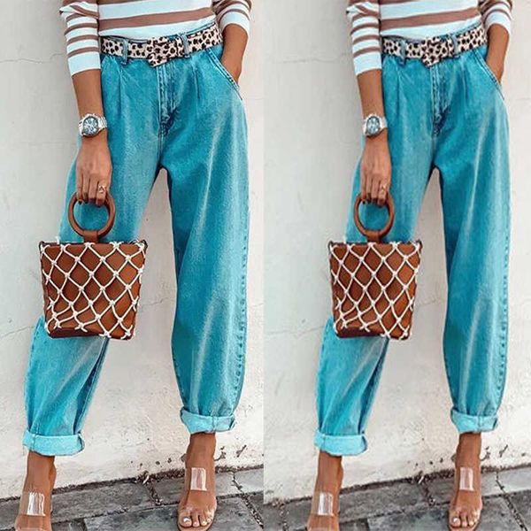 

women's jeans fashion loose waist four seasons straight pants x344, Blue