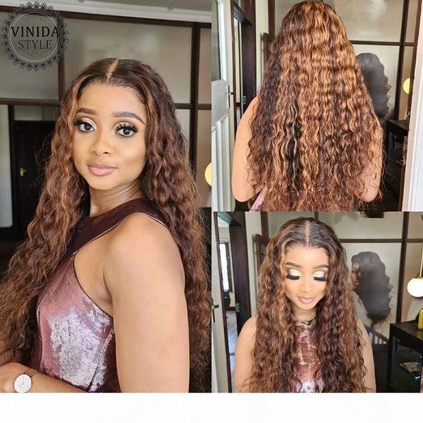 

vinida style highlight curly t-part lace front human hair wigs 150% density scalp closure wigs with baby hair non-remy, Black;brown