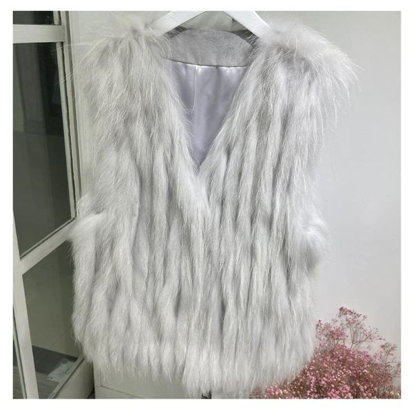 

women's fur & faux sleeveless genuine raccoon waistcoat gilet real vest, Black