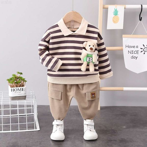 

lapel stripe fashion t-shirt children's boys' spring wear long sleeve sweater little boy's two piece suit, White