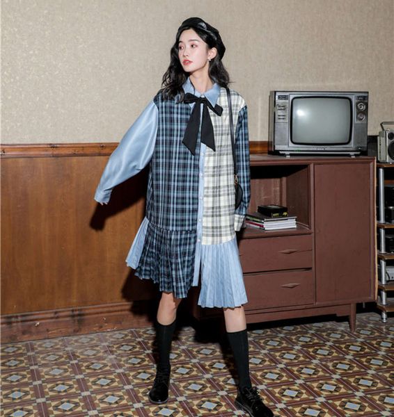 

temperament pleated skirt and winter long sleeves show thin plaid cover autumn dress hot, Black;gray
