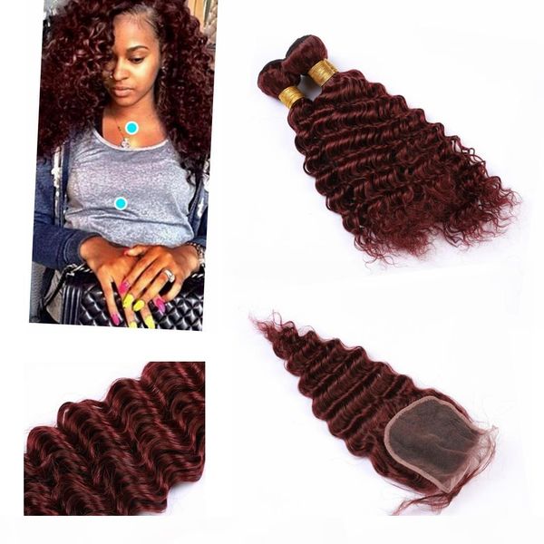 

mongolian hair bundles with closure deep wave #99j color wet and wavy red bundles with closure, Black;brown