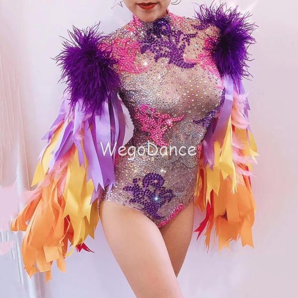 

new colorful rhinestones full glass rhinestones ribbon fringes bodysuit birthday prom leotard bar women singer dancer costume, Black;white