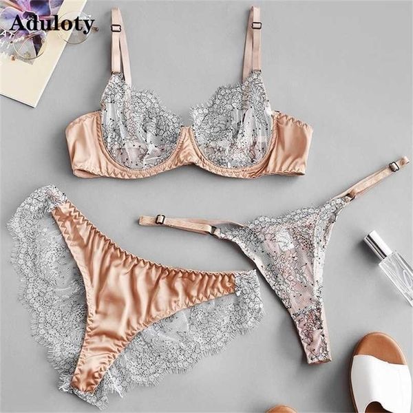 Costura das mulheres Costura de laço Sexy Underwear Underwire sutiã e calcinha Three-peça malha fina ver - lingerie erótica conjunto 211104