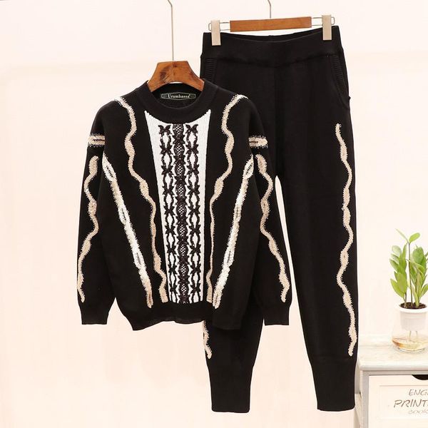 

europe&america women sequins sweaters + casual pnats two piece set autumn fashion women's leisure suit a926, White