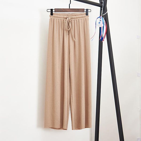 

women's pants & capris plus size ice silk women lace up stretch high waist ankle trousers 2021 solid causal pleated wide leg, Black;white