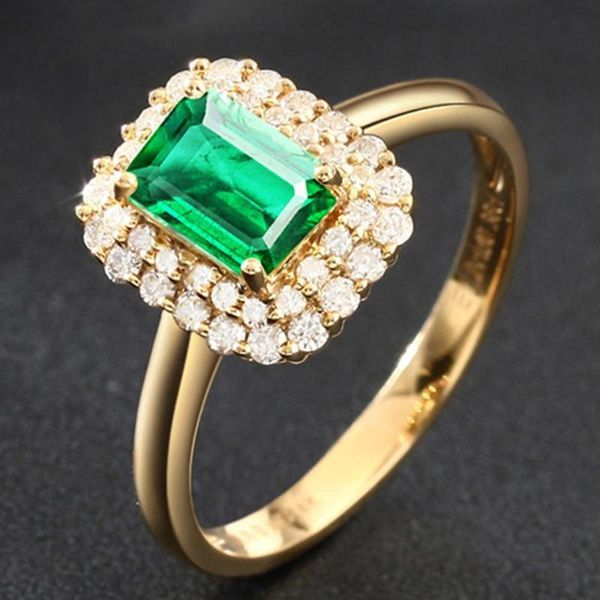 

cluster rings gold color luxury emerald ring for women green gemstone zircon diamonds elegant crystal jewelry feast party band fashion gift, Golden;silver