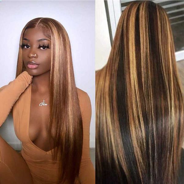 

lace wigs highlight 4/27 colored straight front wig human hair preplucked with baby tpart brazilian bone, Black;brown