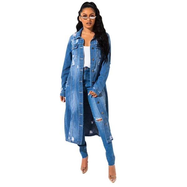 Trench da donna Cappotto di lusso da donna Moda collo rovesciato Manica lunga Denim X-Long Outwear Hole Jean