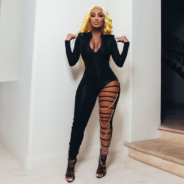

streetwear hollow summer romper bodycon black winered jumpsuit women playsuit long sleeve ladies jumpsuit female, White