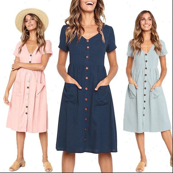 

red blue a line casual dresses women summer dress 2020 vintage short sleeve dress for ladies buttons v neck midi vestidos, Black;gray