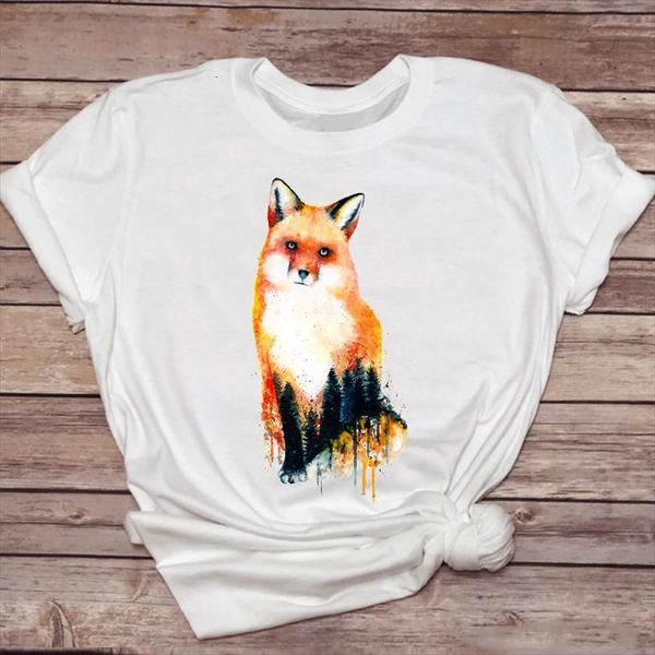 

fox animal watercolor printing kawaii womens t shirt 90s graphic ladies print lady female tee, White