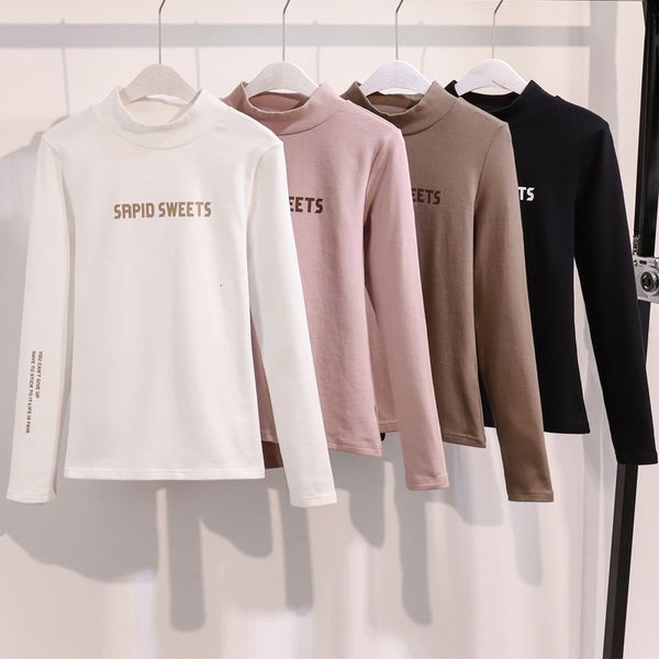 

2021 new winter women long sleeve bottoming letter print tees thick cotton turtleneck comfy stretchy basic lady tshirts 750u, White