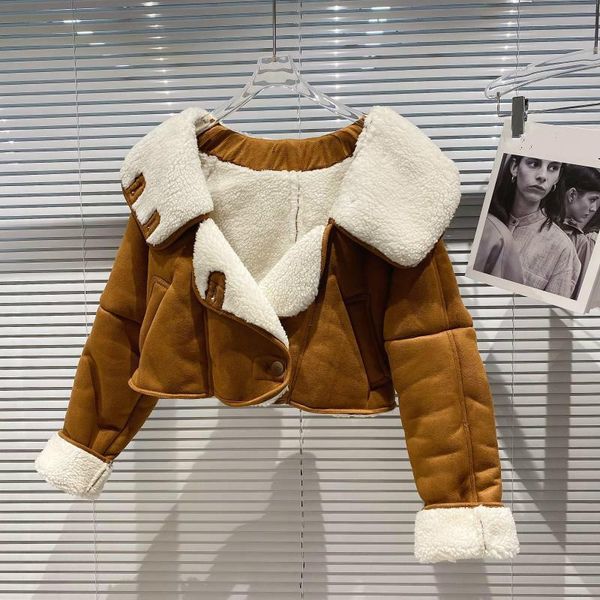 

women's jackets fabpop 2021 winter women fashion long sleeve turn down collar single breasted wide waist leather khaki jacket short coa, Black;brown