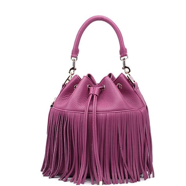 

fashionable style tassel handbag leather lady's hand bucket bag drawstring purse solid bucket bag tassel pocket