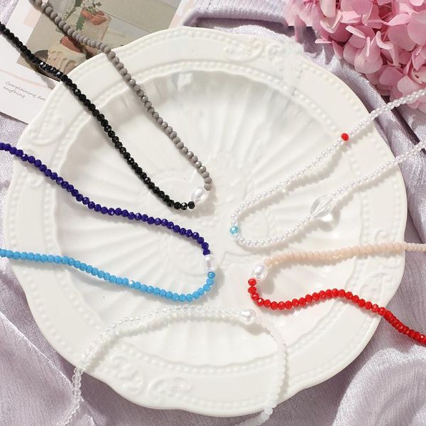 

pendant necklaces stitching y2k beaded necklace white black simple elegant red rice bead round pearl party trend for girls women, Silver