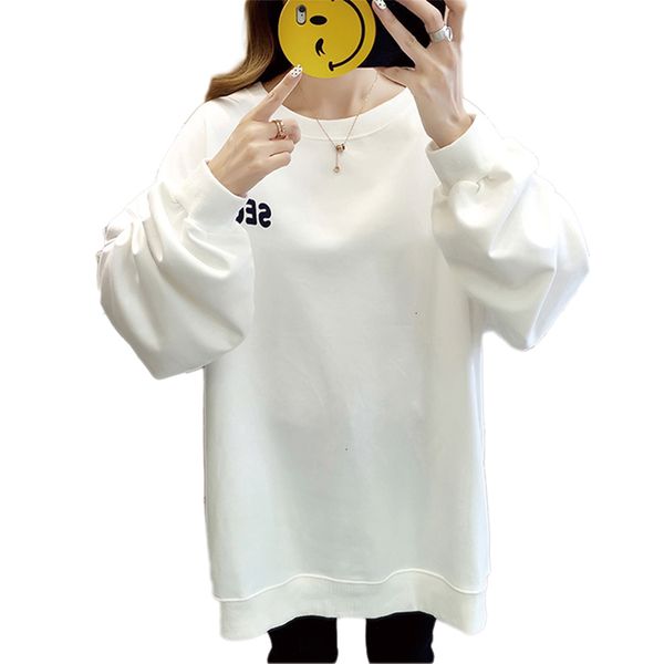 

2021 autumn weatshirt women letter embroidery oversize lantern sleeve hoodies casual o neck solid color sweatshirt a9zm, Black