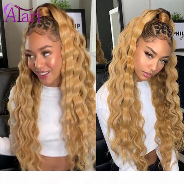 

hd transparent lace wig highlight wig honey blonde ombre loose deep wave lace frontal brazilian virgin human hair wigs, Black;brown
