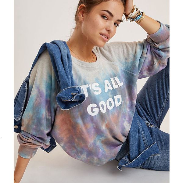 

2021 color vintage letter printing sweatshirt tie dye loose crewneck pullovers autumn design casual plus size fashion girls gxgr, Black